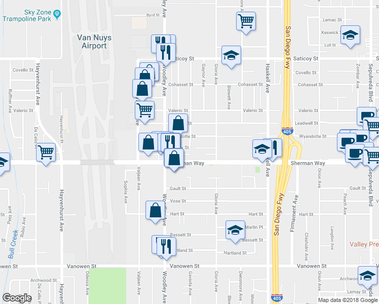 map of restaurants, bars, coffee shops, grocery stores, and more near 16015 Sherman Way in Los Angeles