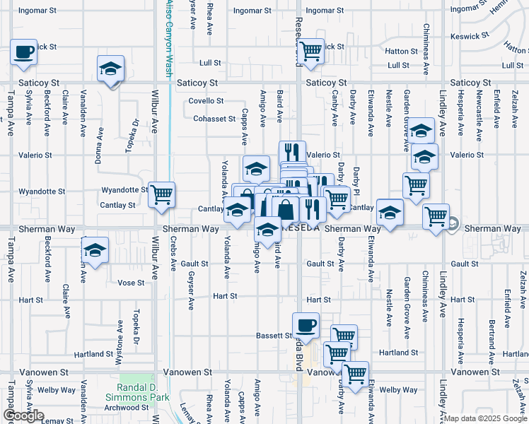 map of restaurants, bars, coffee shops, grocery stores, and more near 18566 Sherman Way in Los Angeles