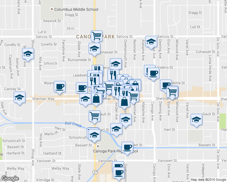 map of restaurants, bars, coffee shops, grocery stores, and more near 21815 Sherman Way in Los Angeles