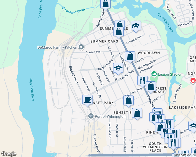 map of restaurants, bars, coffee shops, grocery stores, and more near 2049 Van Buren Street in Wilmington