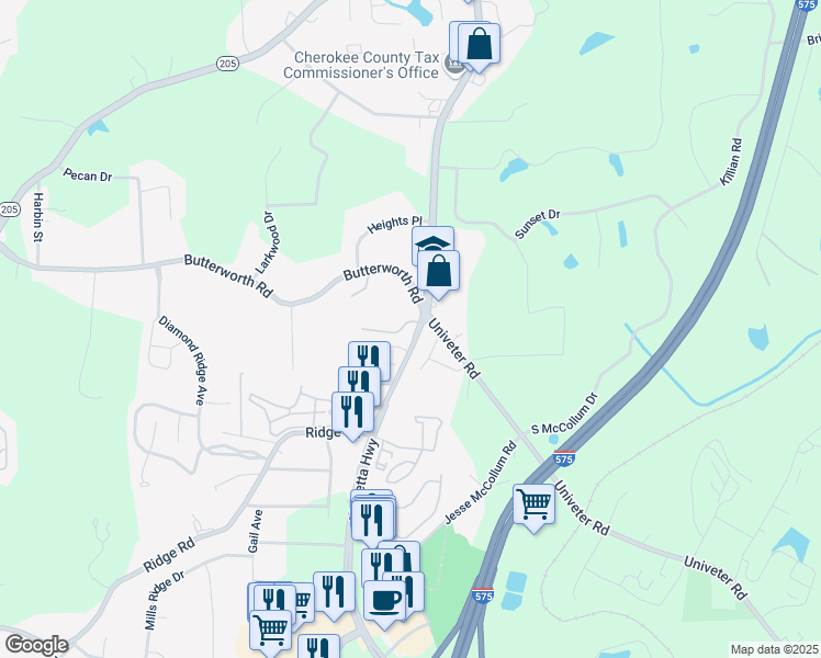 map of restaurants, bars, coffee shops, grocery stores, and more near 5749 Marietta Highway in Canton