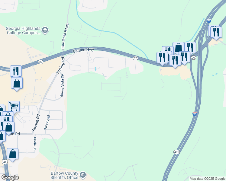 map of restaurants, bars, coffee shops, grocery stores, and more near 727 Shetland Trail in Cartersville