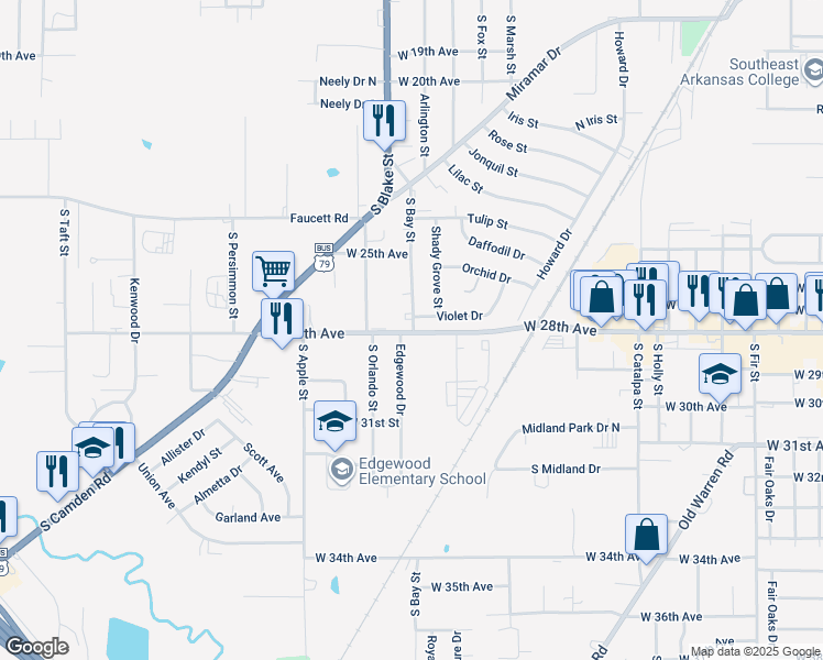 map of restaurants, bars, coffee shops, grocery stores, and more near 2802 Edgewood Drive in Pine Bluff