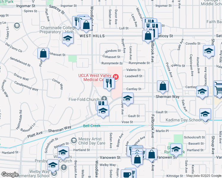 map of restaurants, bars, coffee shops, grocery stores, and more near 7240 Medical Center Dr in Los Angeles