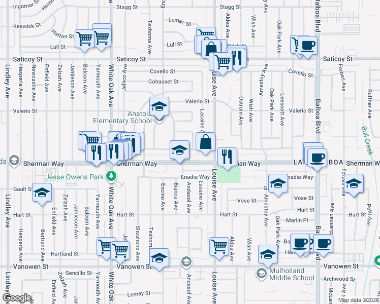 map of restaurants, bars, coffee shops, grocery stores, and more near 17400 Cantlay Street in Los Angeles