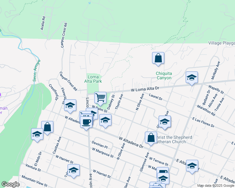 map of restaurants, bars, coffee shops, grocery stores, and more near 560 West Loma Alta Drive in Altadena