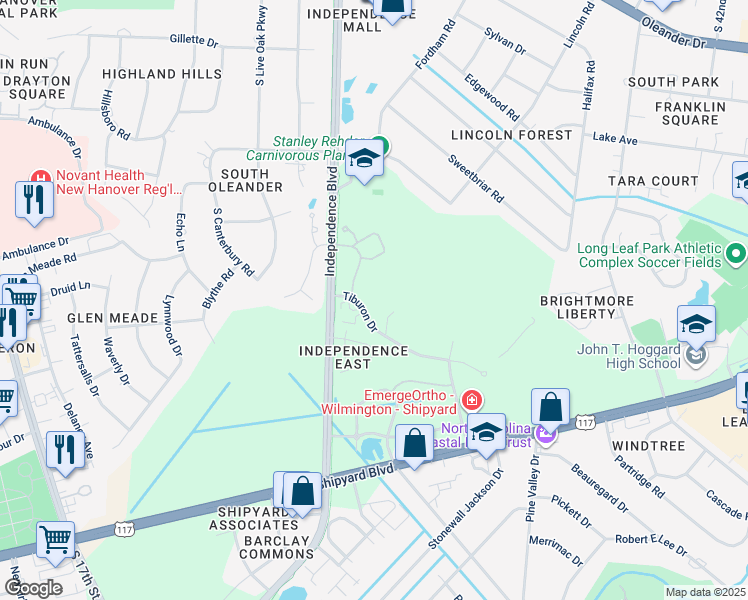 map of restaurants, bars, coffee shops, grocery stores, and more near 1741 Tiburon Drive in Wilmington