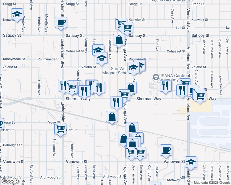 map of restaurants, bars, coffee shops, grocery stores, and more near 7223 Kraft Avenue in Los Angeles