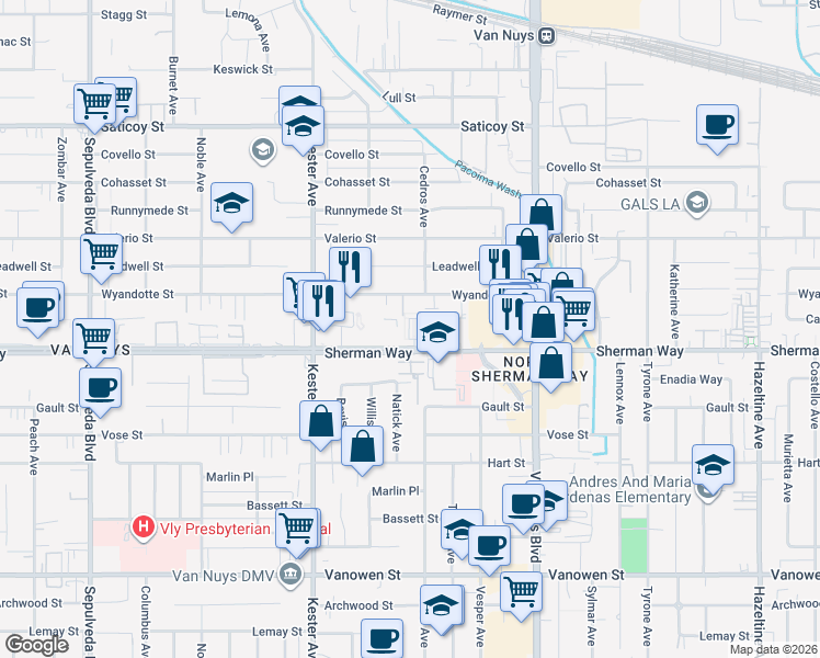 map of restaurants, bars, coffee shops, grocery stores, and more near 14713 Sherman Way in Los Angeles