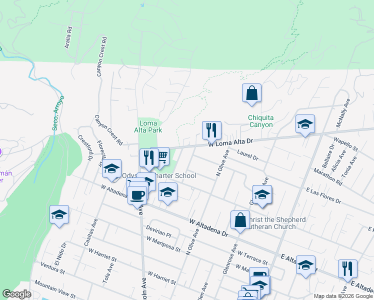 map of restaurants, bars, coffee shops, grocery stores, and more near 560 West Loma Alta Drive in Altadena