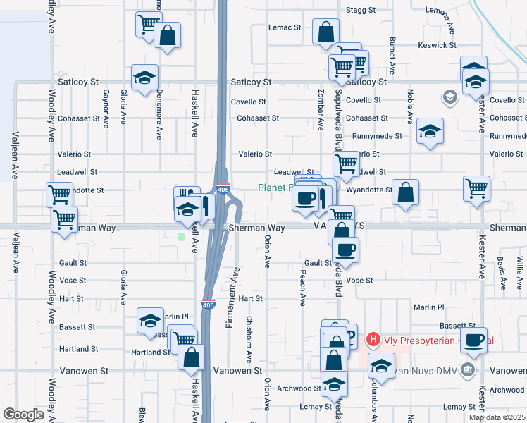 map of restaurants, bars, coffee shops, grocery stores, and more near 15511 Sherman Way in Los Angeles