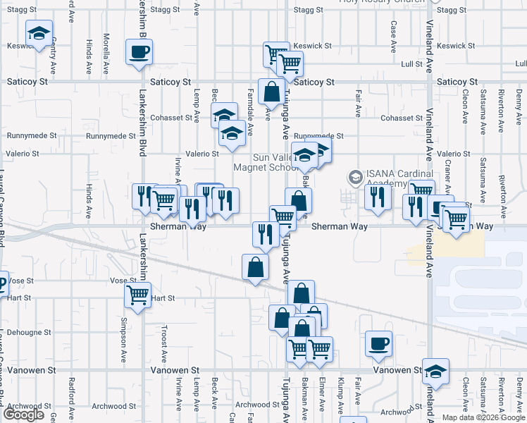 map of restaurants, bars, coffee shops, grocery stores, and more near 7223 Kraft Avenue in Los Angeles
