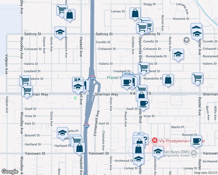 map of restaurants, bars, coffee shops, grocery stores, and more near 15511 Sherman Way in Los Angeles