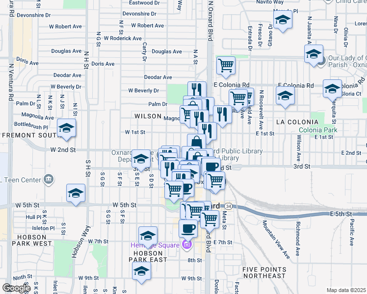 map of restaurants, bars, coffee shops, grocery stores, and more near 241 West 2nd Street in Oxnard