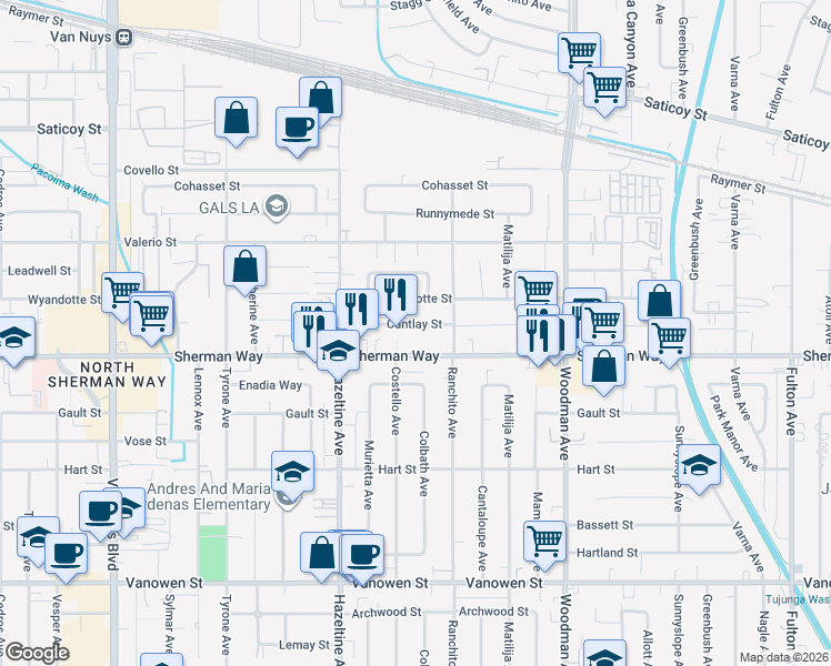 map of restaurants, bars, coffee shops, grocery stores, and more near 13941 Sherman Way in Los Angeles