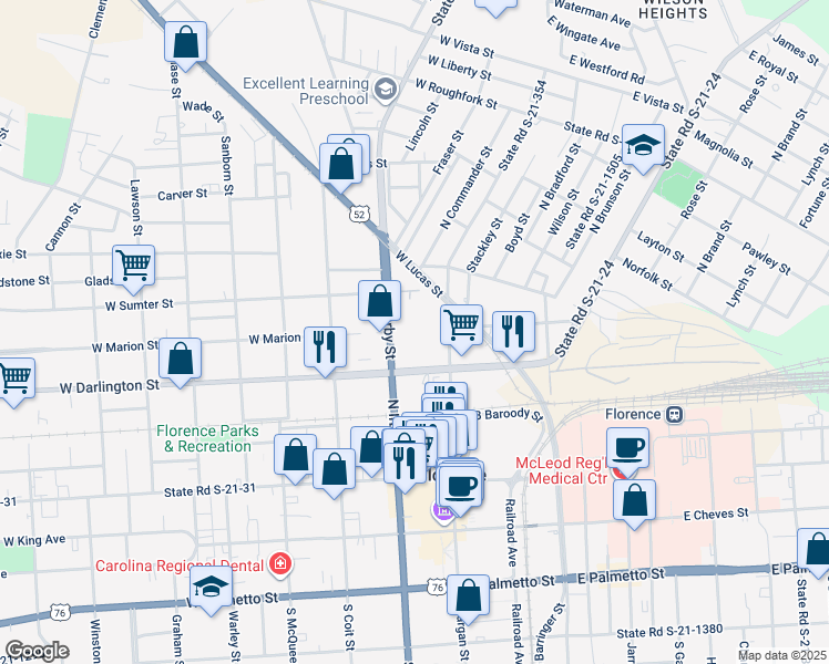 map of restaurants, bars, coffee shops, grocery stores, and more near 360 North Irby Street in Florence