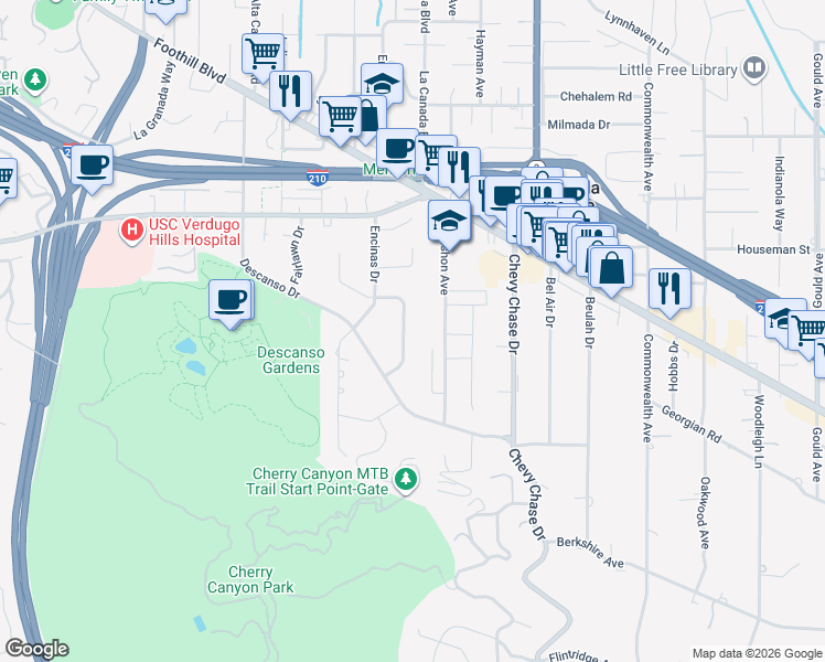 map of restaurants, bars, coffee shops, grocery stores, and more near 4250 Shepherds Lane in La Cañada Flintridge