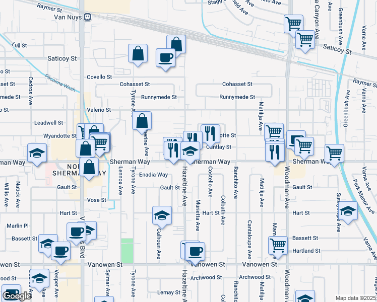 map of restaurants, bars, coffee shops, grocery stores, and more near 7150 Hazeltine Avenue in Los Angeles
