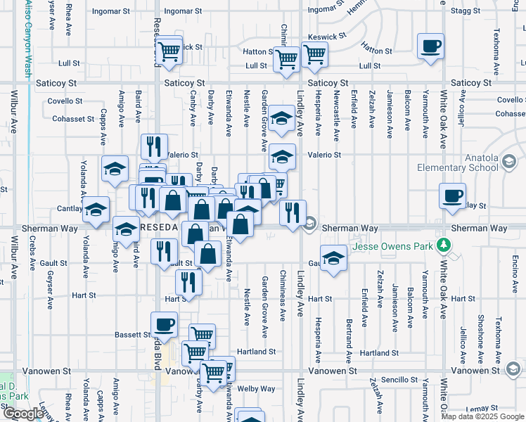 map of restaurants, bars, coffee shops, grocery stores, and more near 18207-18215 Sherman Way in Los Angeles