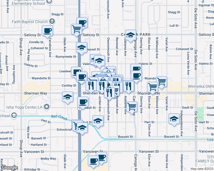 map of restaurants, bars, coffee shops, grocery stores, and more near 21709 Sherman Way in Los Angeles