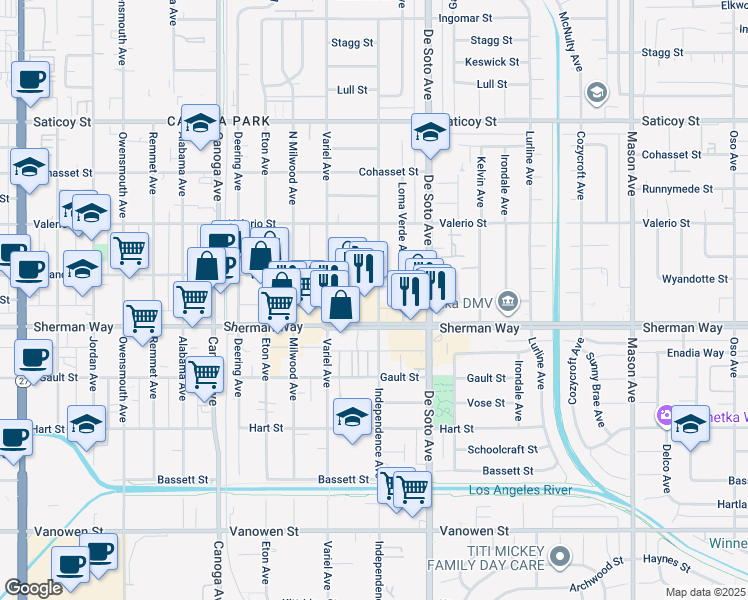 map of restaurants, bars, coffee shops, grocery stores, and more near 21013 Sherman Way in Los Angeles
