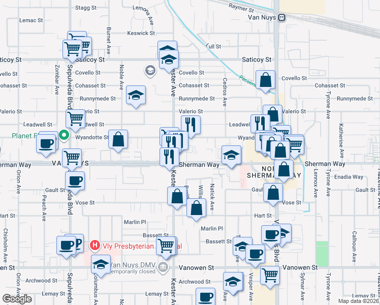 map of restaurants, bars, coffee shops, grocery stores, and more near 14839 Sherman Way in Los Angeles