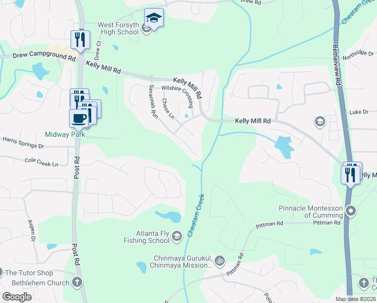 map of restaurants, bars, coffee shops, grocery stores, and more near 4935 Savannah Run in Cumming