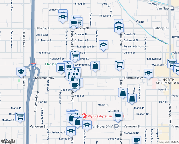map of restaurants, bars, coffee shops, grocery stores, and more near 15155 Sherman Way in Los Angeles