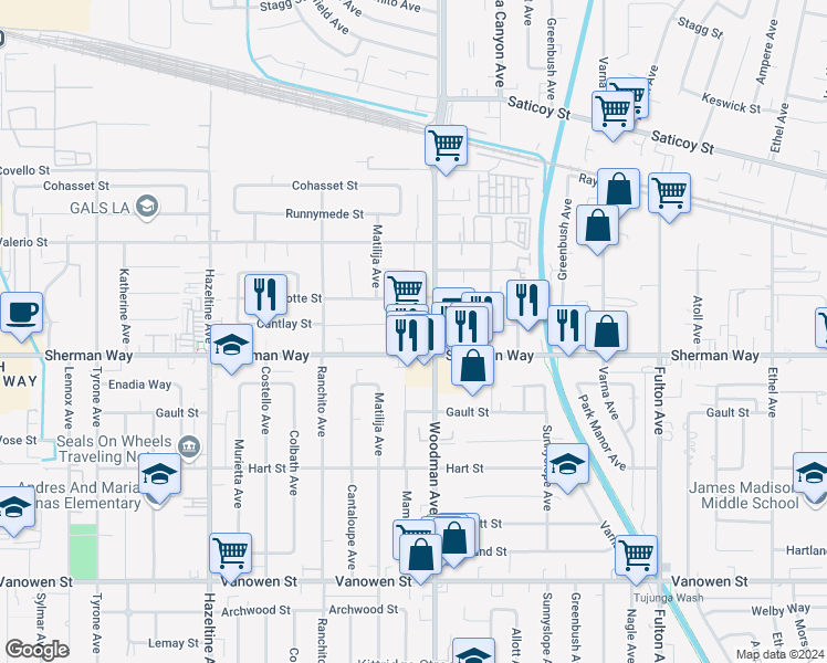 map of restaurants, bars, coffee shops, grocery stores, and more near 7221 Woodman Avenue in Los Angeles