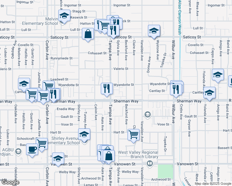 map of restaurants, bars, coffee shops, grocery stores, and more near 19231 Sherman Way in Los Angeles