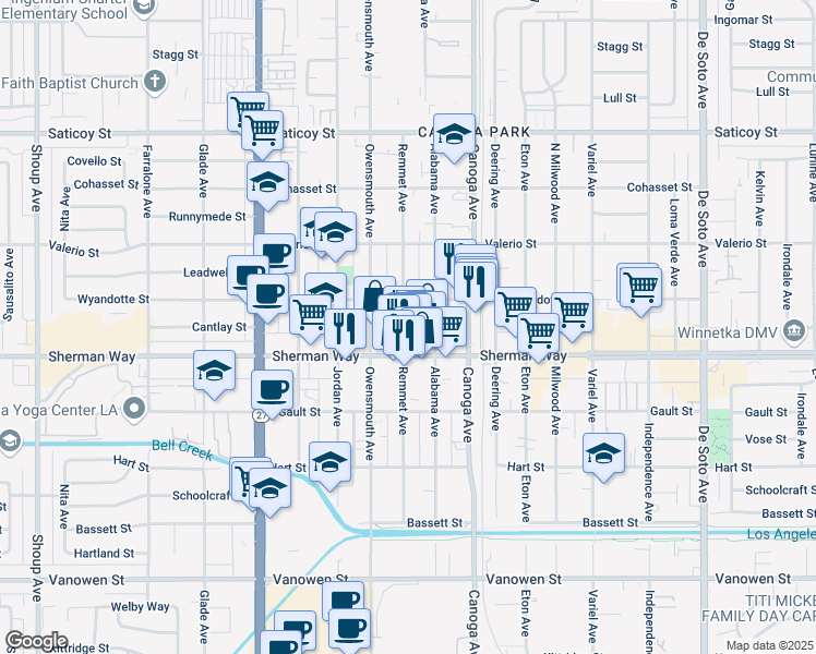 map of restaurants, bars, coffee shops, grocery stores, and more near 21601 Sherman Way in Los Angeles