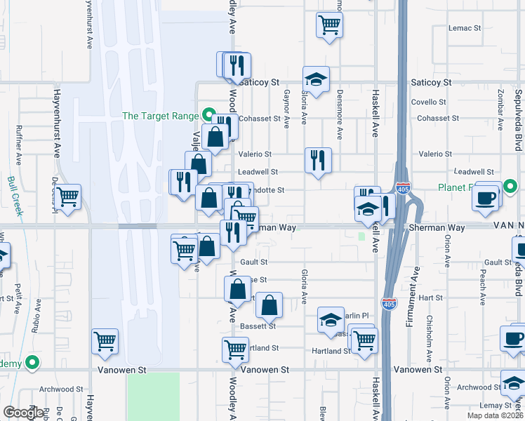 map of restaurants, bars, coffee shops, grocery stores, and more near 16010 Cantlay Street in Los Angeles