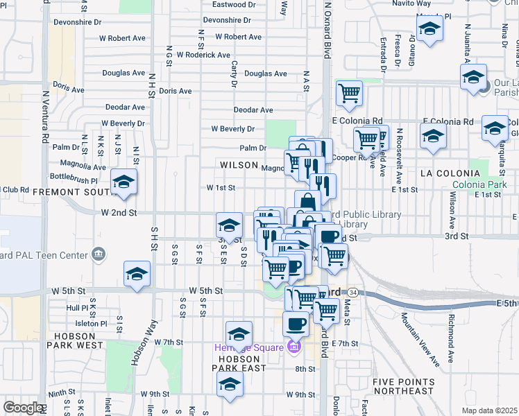 map of restaurants, bars, coffee shops, grocery stores, and more near 201 South C Street in Oxnard
