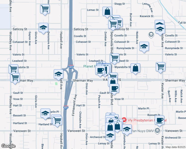 map of restaurants, bars, coffee shops, grocery stores, and more near 15425 Sherman Way in Los Angeles
