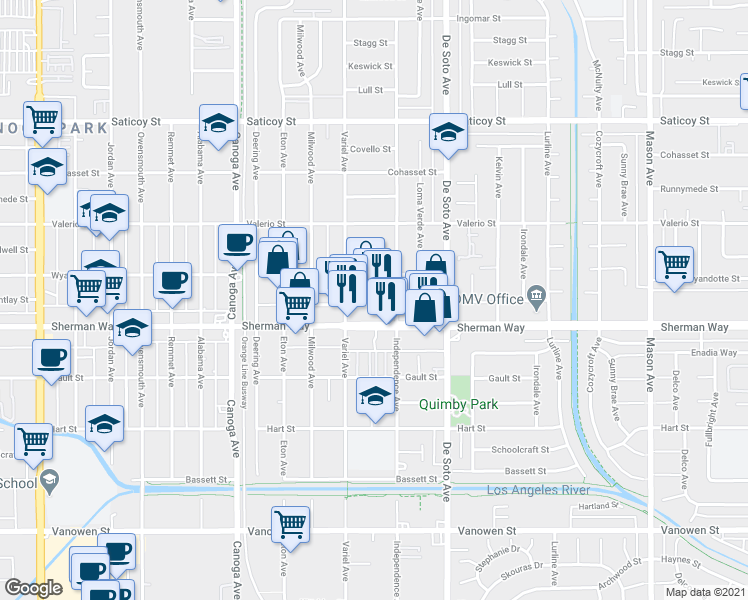 map of restaurants, bars, coffee shops, grocery stores, and more near 21013 Sherman Way in Los Angeles
