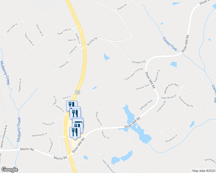 map of restaurants, bars, coffee shops, grocery stores, and more near 4295 Creek Water Crossing in Flowery Branch