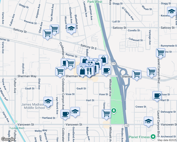 map of restaurants, bars, coffee shops, grocery stores, and more near 12643 Sherman Way in Los Angeles