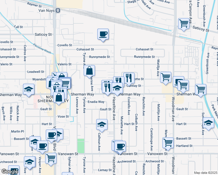 map of restaurants, bars, coffee shops, grocery stores, and more near 7207 North Chestnut Lane in Los Angeles