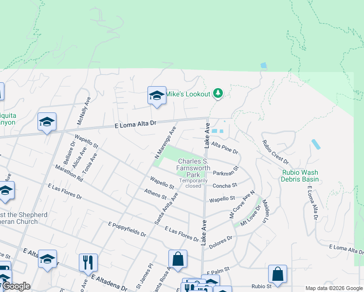 map of restaurants, bars, coffee shops, grocery stores, and more near 568 Mount Curve Avenue East in Altadena