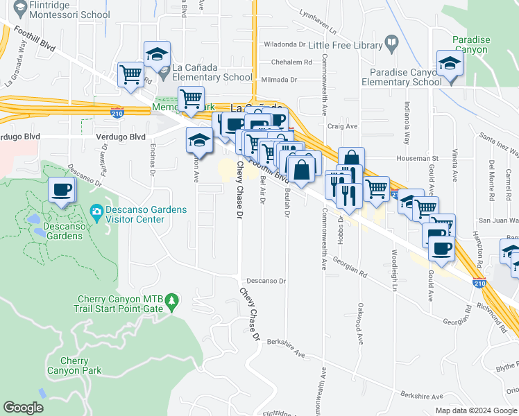 map of restaurants, bars, coffee shops, grocery stores, and more near 4409 Bel Aire Drive in La Cañada Flintridge