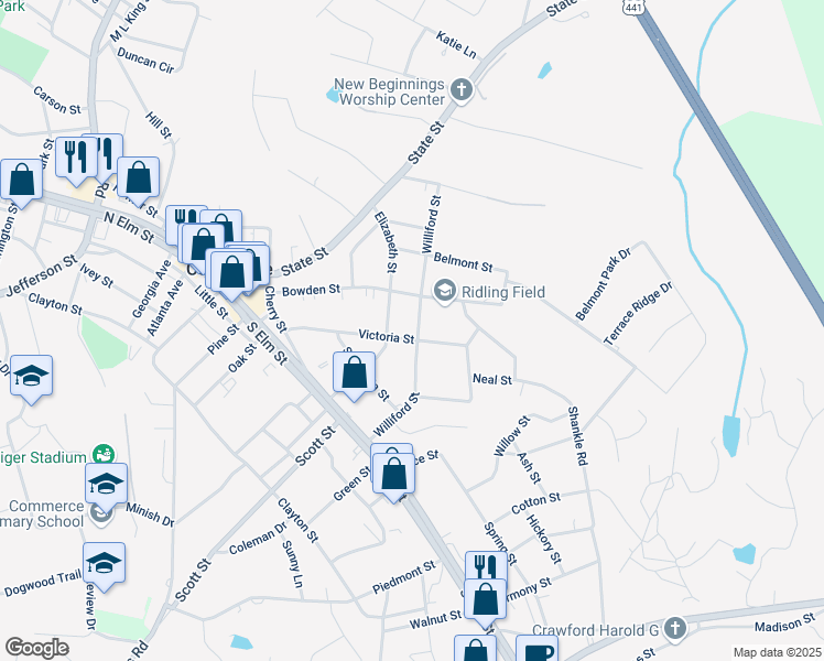 map of restaurants, bars, coffee shops, grocery stores, and more near 309 Williford Street in Commerce