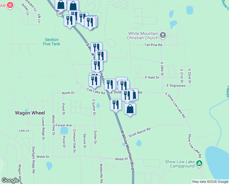 map of restaurants, bars, coffee shops, grocery stores, and more near 2287-2333 East Show Low Lake Road in Show Low