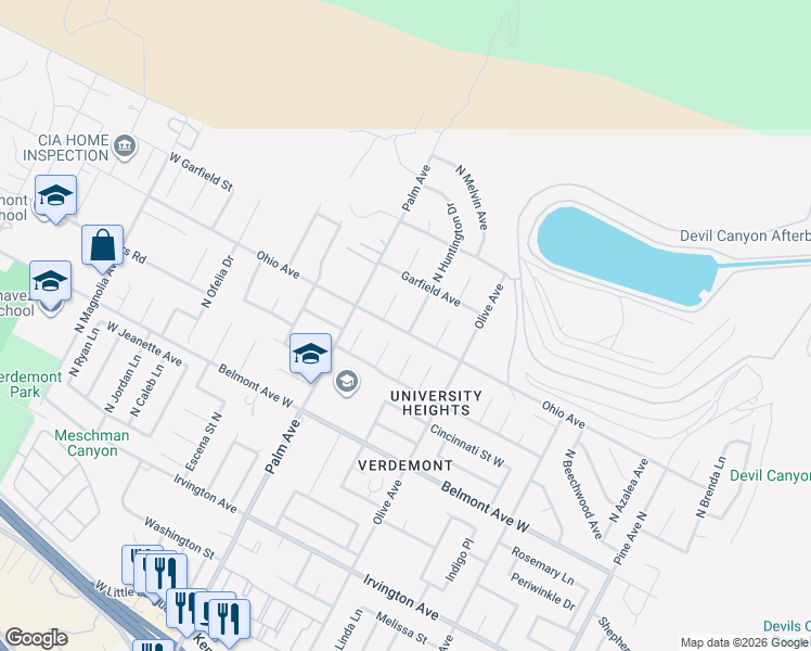 map of restaurants, bars, coffee shops, grocery stores, and more near 6649 Lynn Court in San Bernardino
