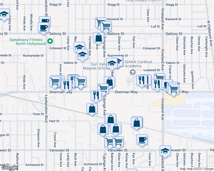 map of restaurants, bars, coffee shops, grocery stores, and more near 11357 Sherman Way in Los Angeles