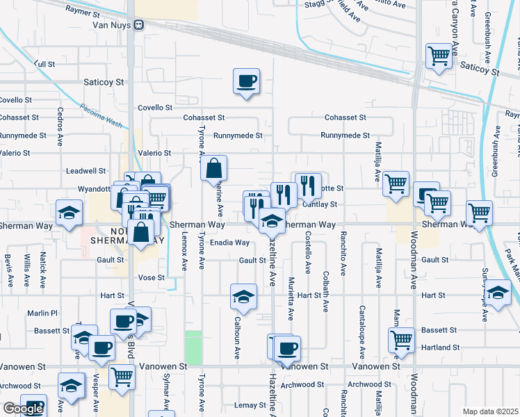 map of restaurants, bars, coffee shops, grocery stores, and more near 7207 North Chestnut Lane in Los Angeles