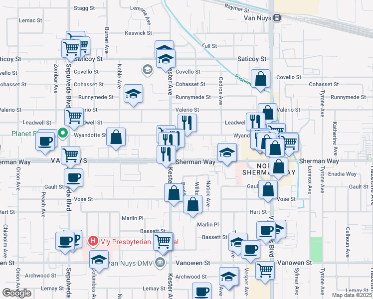 map of restaurants, bars, coffee shops, grocery stores, and more near 14839 Sherman Way in Los Angeles