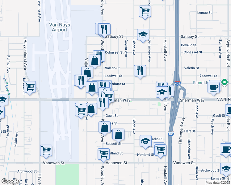 map of restaurants, bars, coffee shops, grocery stores, and more near 16015 Sherman Way in Los Angeles