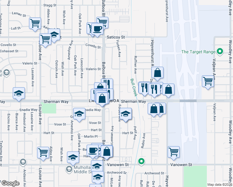 map of restaurants, bars, coffee shops, grocery stores, and more near 16831 Sherman Way in Los Angeles