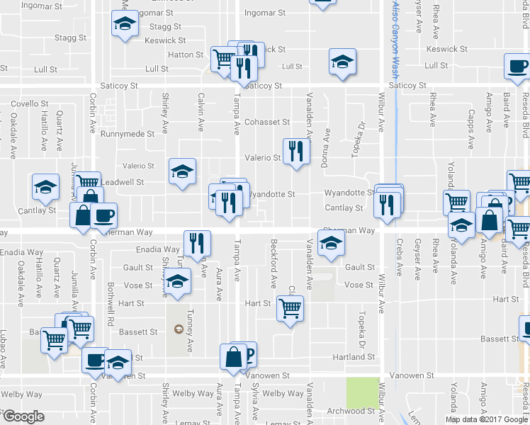 map of restaurants, bars, coffee shops, grocery stores, and more near 19231 Sherman Way in Los Angeles