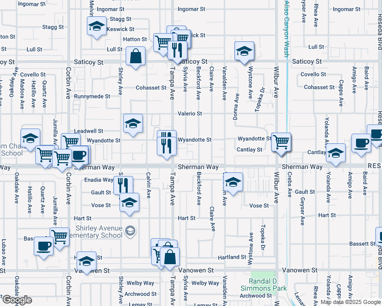 map of restaurants, bars, coffee shops, grocery stores, and more near 19231 Sherman Way in Los Angeles
